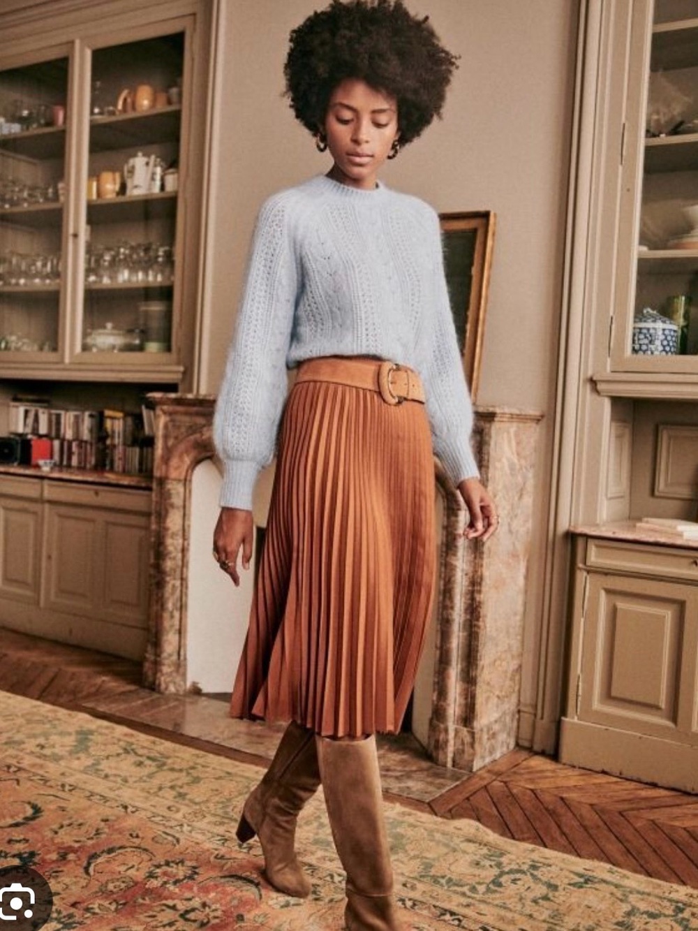 Sezane Dino Pleated Midi Skirt in Rust Brown XS